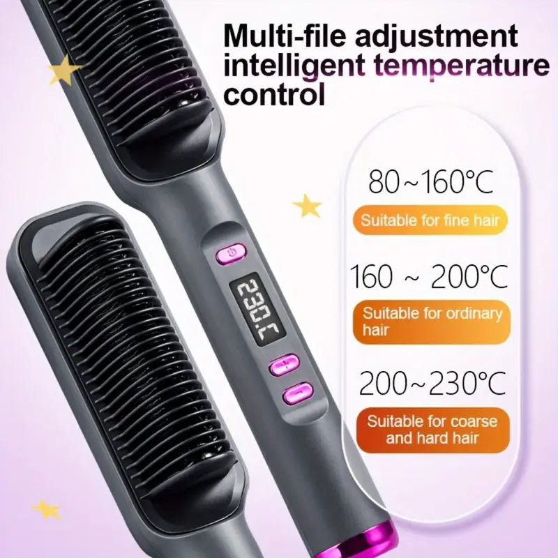 3-in-1 Ceramic Fast-Heating Hair Straightener Comb with Negative Ions - Anti-Scald, 5-Temp Settings & LCD Display for All Hair & Beard Types, White