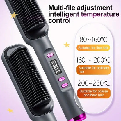 3-in-1 Ceramic Fast-Heating Hair Straightener Comb with Negative Ions - Anti-Scald, 5-Temp Settings & LCD Display for All Hair & Beard Types, White
