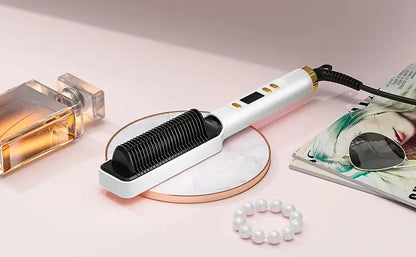3-in-1 Ceramic Fast-Heating Hair Straightener Comb with Negative Ions - Anti-Scald, 5-Temp Settings & LCD Display for All Hair & Beard Types, White
