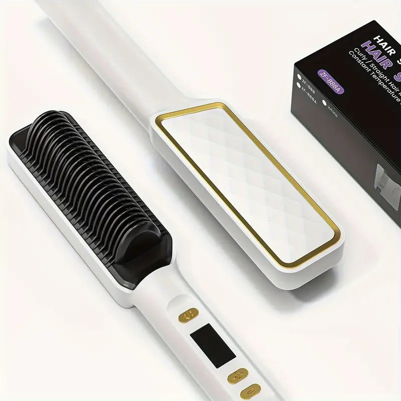 3-in-1 Ceramic Fast-Heating Hair Straightener Comb with Negative Ions - Anti-Scald, 5-Temp Settings & LCD Display for All Hair & Beard Types, White