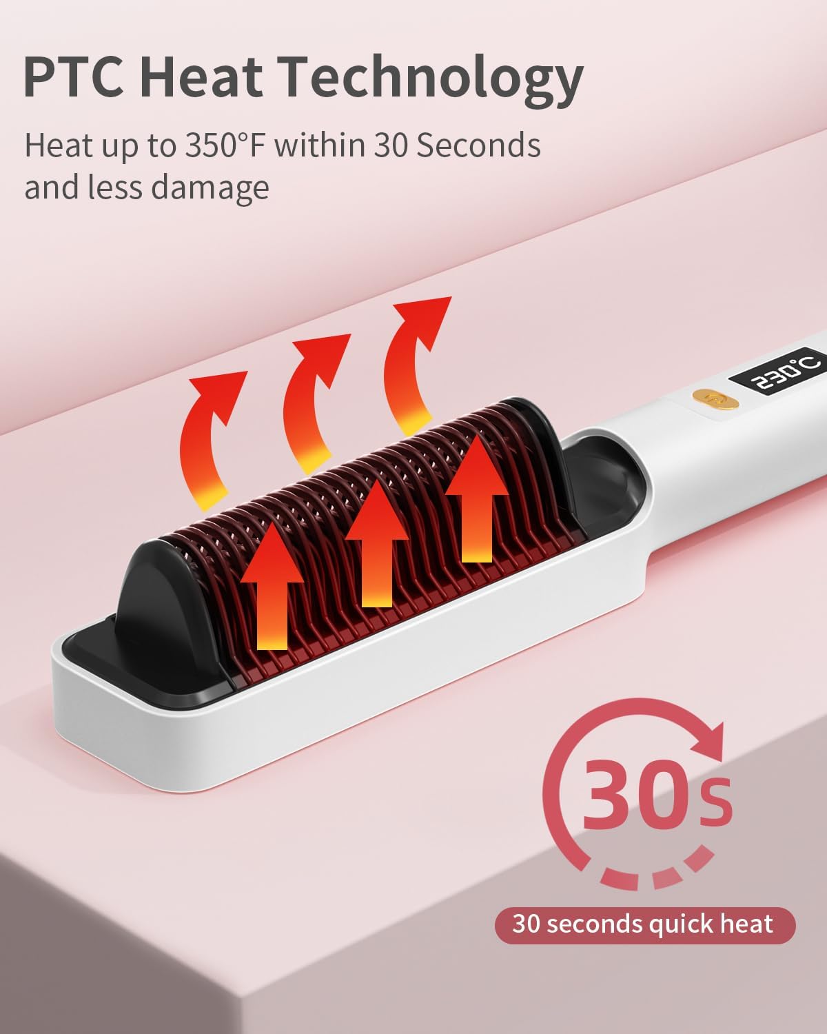 3-in-1 Ceramic Fast-Heating Hair Straightener Comb with Negative Ions - Anti-Scald, 5-Temp Settings & LCD Display for All Hair & Beard Types, White