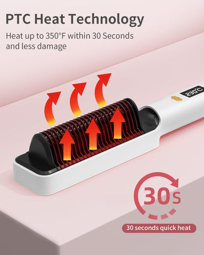 3-in-1 Ceramic Fast-Heating Hair Straightener Comb with Negative Ions - Anti-Scald, 5-Temp Settings & LCD Display for All Hair & Beard Types, White
