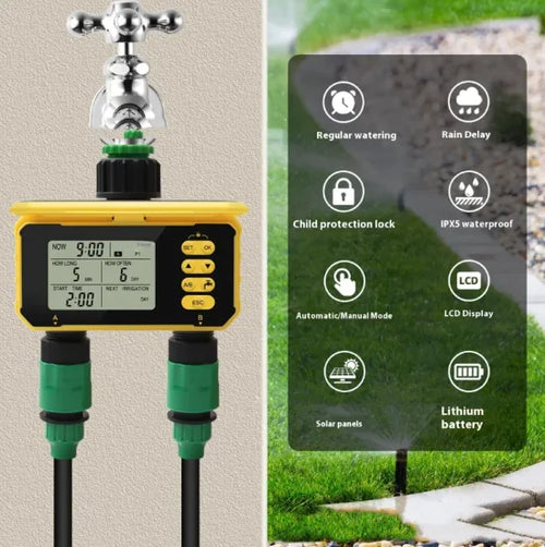 Solar Powered Dual Zone Smart Irrigation Timer - Automatic Watering System for Garden, Farm & Lawn