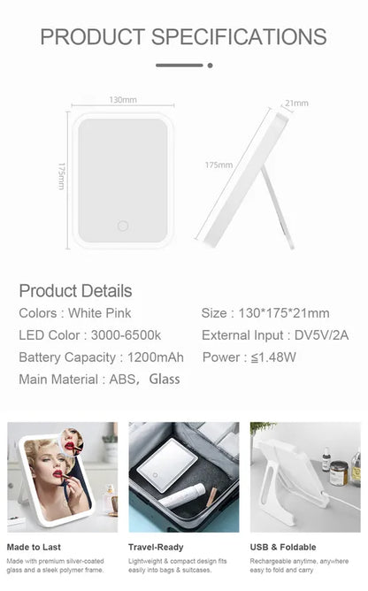 Rechargeable LED Makeup Mirror with 5X Magnification - Touch Control Vanity Mirror with 3 Light Modes up to 45° Angle, Portable Travel Design & USB Charging (7x5 inch)