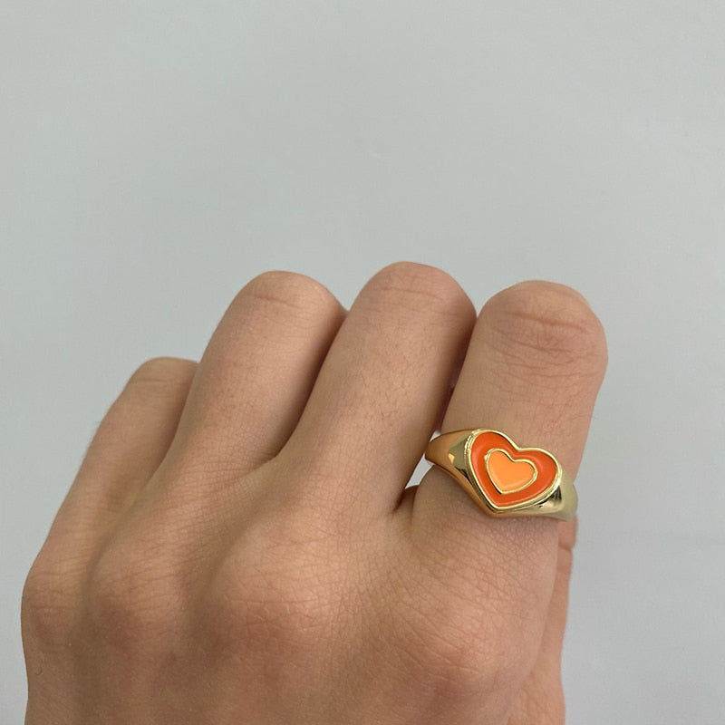 Vintage Heart Ring:  Alloy, Electroplated Finish - Orange/Green/Brown Gold & Silver - Sizes 6, 7, 8