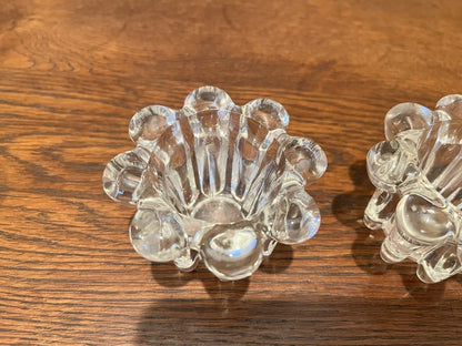 Set of 2 Vintage KIG Indonesia Pressed Glass Taper Candle Holders - Clear Ribbed Flower Design
