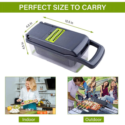 12-in-1 Vegetable Chopper & Slicer - Multifunctional Food Dicer with Interchangeable Stainless Steel Blades & Storage Container - BPA-Free Manual Kitchen Tool for Chopping, Dicing, Slicing & More
