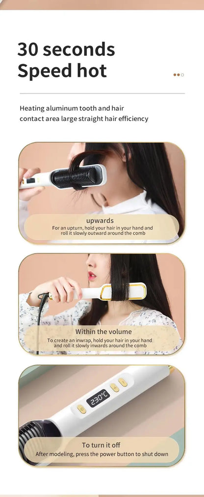 3-in-1 Ceramic Fast-Heating Hair Straightener Comb with Negative Ions - Anti-Scald, 5-Temp Settings & LCD Display for All Hair & Beard Types, White