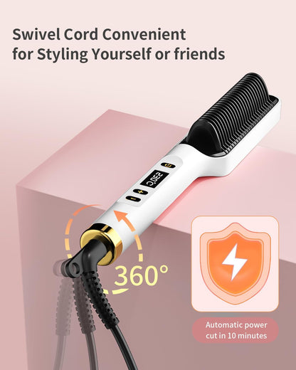 3-in-1 Ceramic Fast-Heating Hair Straightener Comb with Negative Ions - Anti-Scald, 5-Temp Settings & LCD Display for All Hair & Beard Types, White